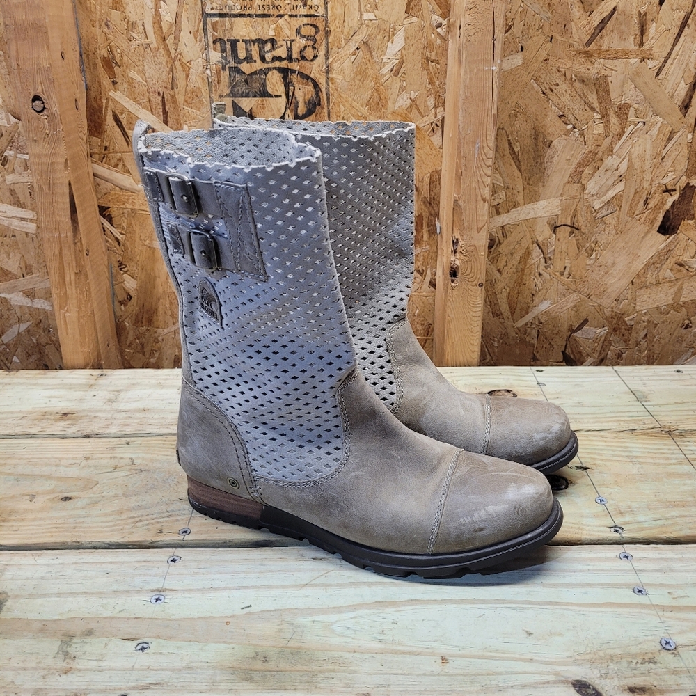 Sorel Major Pull On Boots Womens Size 9.5 Mid Calf Taupe Beige Perforated
